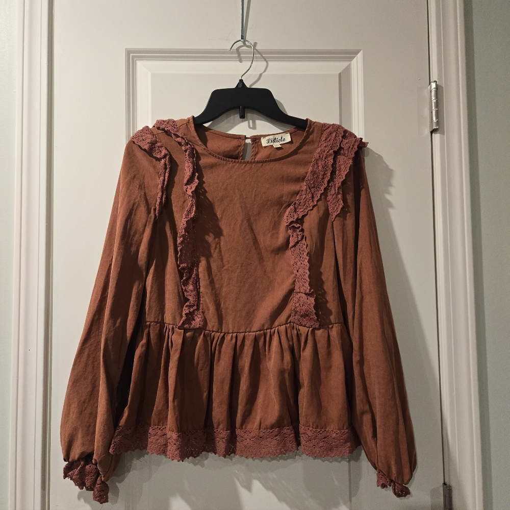 Listicle Lace Accent Brown Blouse Size XS